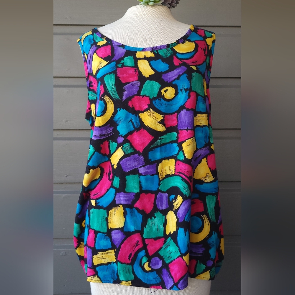 Vintage Maggie Lawrence Colorful Abstract Women's Sleeveless Top. Size 18.